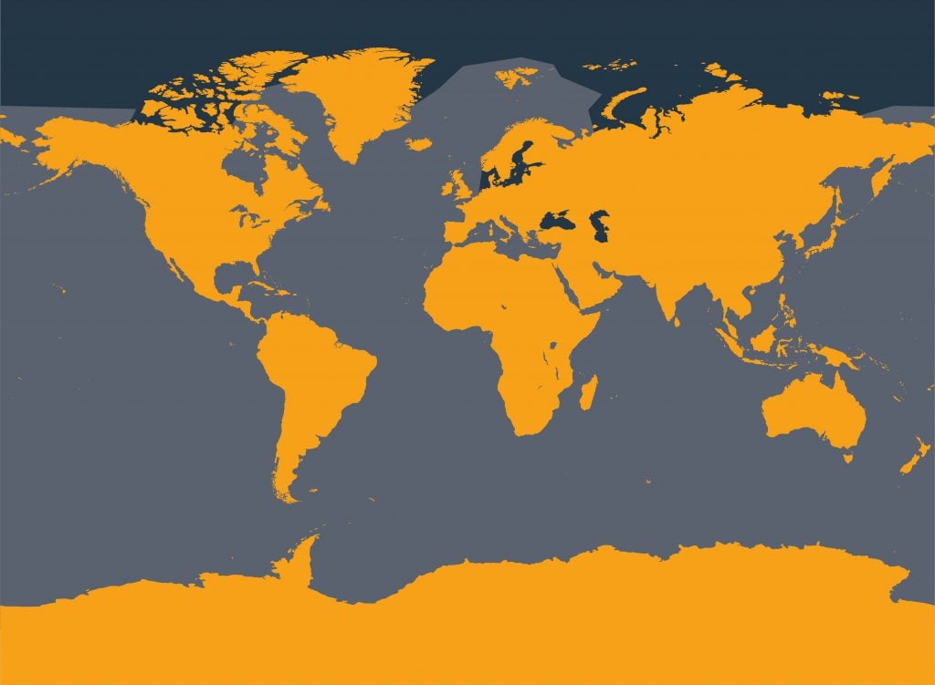 Map showing where orcas are found in the oceans