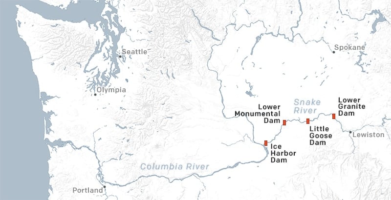 Columbia River Basin map with Lower Snake River dams