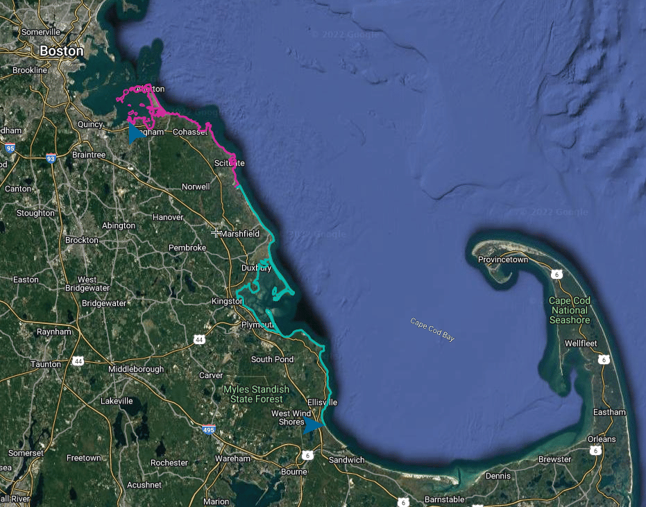 WDC's response area, extending from Webb-Memorial State Park in Weymouth through Plymouth, MA. The blue line shows the current response area and the pink line shows the new territory (~200 miles of coastline in total). Credit: WDC